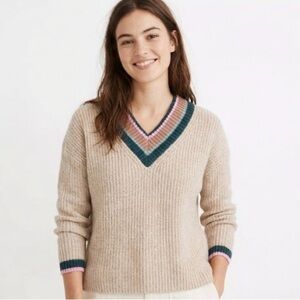 Madewell Stripe Trim V-Neck Sweater Size S Beige Wool Blend